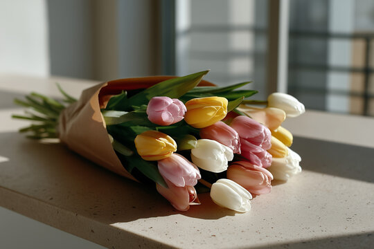 A small bouquet of fresh tulips loosely wrapped in brown kraft paper, placed on a neutral-toned table or stone countertop