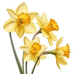 Obraz premium Four Yellow Daffodils Blooming Against Green Stems