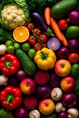 Vibrant top view of assorted fresh fruits and vegetables including apples, peppers, onions, and carrots. Healthy organic produce, vegetarian and vegan lifestyle.