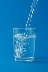 Fresh water being poured into a clear glass on a bright blue background. Concept of hydration, purity, healthy lifestyle, and clean drinking water.