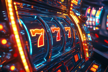 Close-up view of a slot machine showing triple sevens jackpot symbols. Vibrant and detailed image of a slot machine in casino featuring winning jackpot spin.