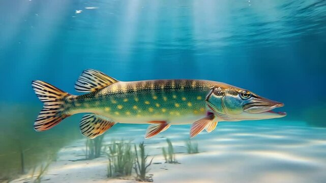 Large freshwater pike swimming in clear blue water with sunlight shining through and sandy bottom with weeds, side view.