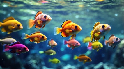 Naklejka premium A vibrant underwater scene featuring a line of colorful tropical fish swimming in shallow water