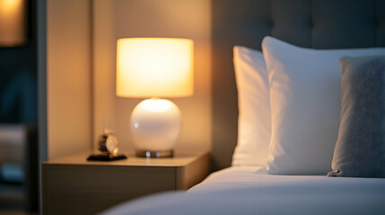 Elegant hotel room bedside table featuring a glowing lamp and white pillow.