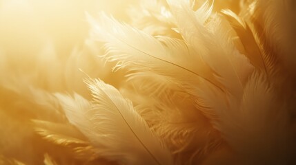 The fluffy white feathers are illuminated by a soft golden light