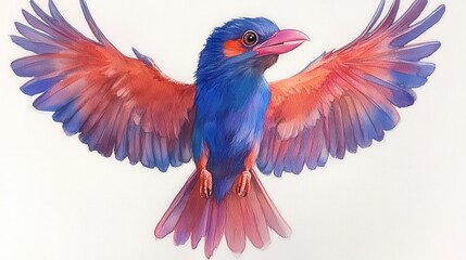 Fototapeta premium Vibrant watercolor bird soars wings outstretched showcasing blues oranges and purples