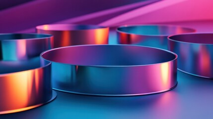 Metallic circular rings arranged on a gradient surface are brightly lit