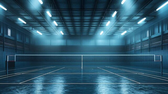Intense blue lighting illuminates an indoor badminton court ready for play