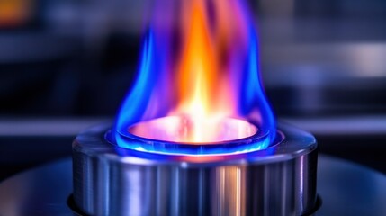 Close up view of blue and orange colored flames burning