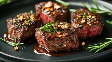 Fine dining style Hokkaido wagyu steak in bite-sized cuts, topped with aromatic rosemary