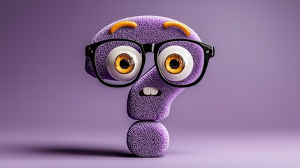 Colorful purple question mark character with glasses on a plain background