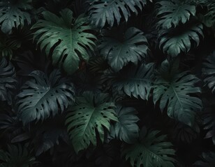 Dark, lush exotic leaves in black & deep greens  Intricate, shadowy design ,  nature,  wallpaper
