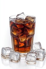 Glass of cold cola with ice cubes isolated on white background