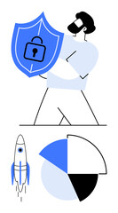 Man holding blue shield with lock, symbolizing data protection. Rocket launch signifies innovation, pie chart implies analytics. Ideal for technology, security, data, business growth, innovation
