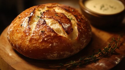 Fresh bread with golden crispy crust on a wooden board, accented with thyme leaves for color contrast