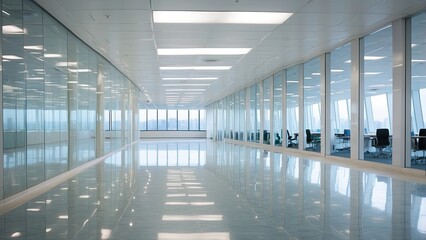 Fototapeta premium A modern glass corridor with a reflective floor, illuminated by warm lights and a sunset glow in the background