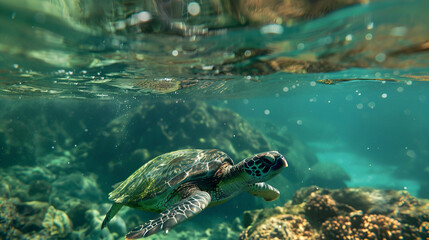 Fototapeta premium A sea turtle swimming underwater near rocks with sunlight filtering through the surface of the ocean .