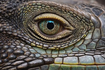 Naklejka premium Close-up view of an iguana's eye showcasing intricate textures and vibrant colors in natural habitat
