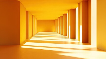 Fototapeta premium A long yellow hallway with columns and shadows beautifully lit