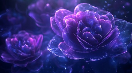 Digital art with glowing purple flowers and neon light effects, abstract modern floral design picture