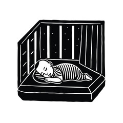 Baby sleeping room linocut vector.eps