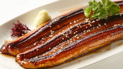 Glistening grilled eel in sweet soy glaze, plated on white with delicate garnishes for color balance