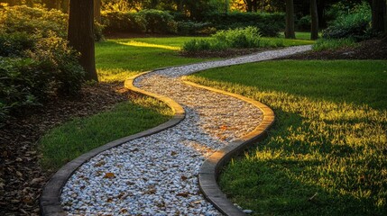 Obraz premium Curving stone path through sunlit garden.