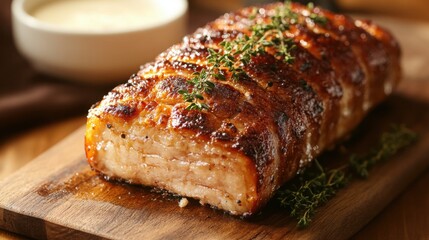 Golden brown loaf with crackling crust and fresh thyme garnish, resting on a natural wood board