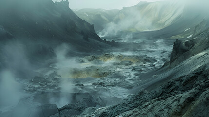 A volcanic landscape with steam rising from the ground in a mountainous and misty environment view .