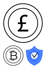 Pound and Bitcoin currency in circular designs alongside shield with checkmark. Ideal for finance, banking, cryptocurrency, security, digital payment, exchange, fintech. Flat simple metaphor