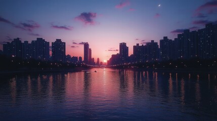 Fototapeta premium Cityscape sunset river boat reflection skyline dusk urban lights