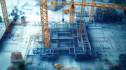 Obraz premium This image features construction cranes over a wire-frame building, symbolizing urban development. Ideal for architectural visualization or engineering presentations