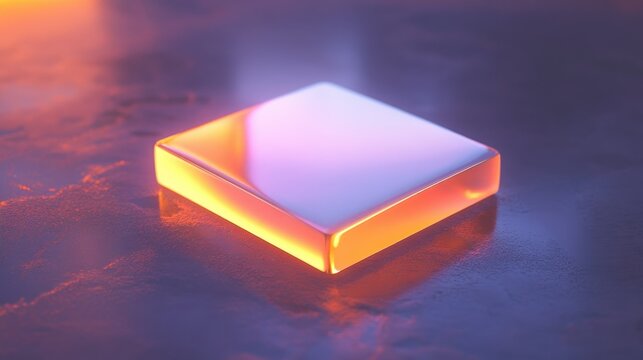 A glowing glass square rests on a textured purple surface