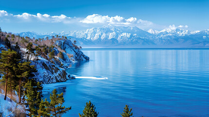 A winter landscape featuring a serene lake with snow covered mountains and trees on the shoreline .