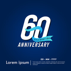 Obraz premium 60th years anniversary celebration emblem. elegant anniversary logo isolated with blue ribbon on dark blue background. vector illustration template design for web, flyers, poster, greeting card 