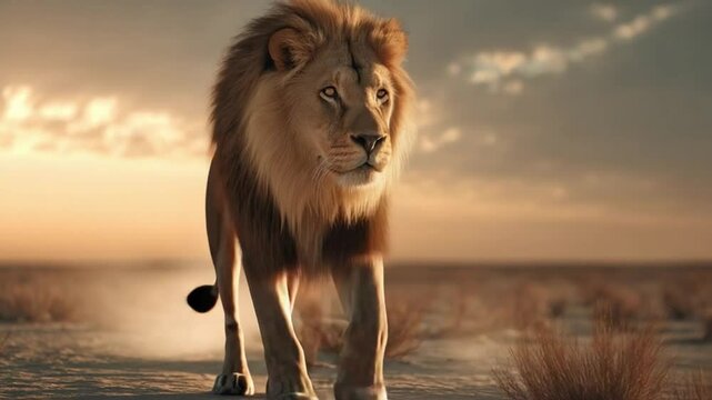 Majestic Lion at Sunset: A powerful lion walks confidently towards the camera, illuminated by the warm glow of a setting sun, creating a mesmerizing portrait of wildlife majesty.  