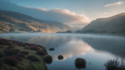 Fog Over Still Lake Reflecting Mountains and Sky at Sunrise