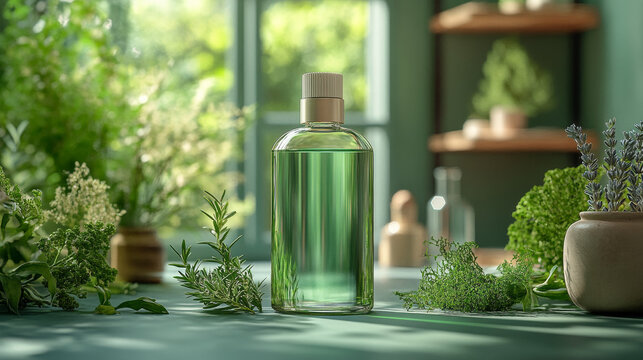 A green-themed mockup featuring an unlabeled bottle, a lab flask with seaweed and herbs, promoting organic skincare concepts