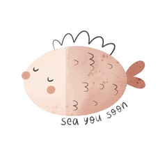 cartoon fish, hand drawing lettering. Colorful illustration for kids, flat style. baby design for card, poster, print on t-shirt