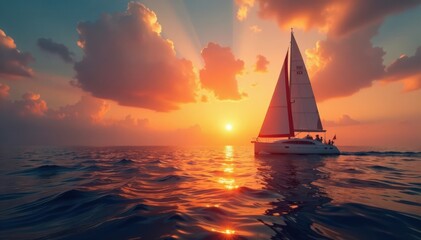 Fototapeta premium A sailboat sets sail on a calm ocean at sunset, ocean, sea, sunset