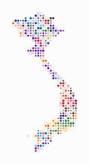 Vietnam, shape of the country built of colored cells. Digital style map of Vietnam on a white background. Small size rounded square blocks. Amazing vector illustration.
