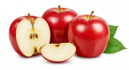 Fresh Red Apples Halved and Whole with Leaves Isolated on White Background