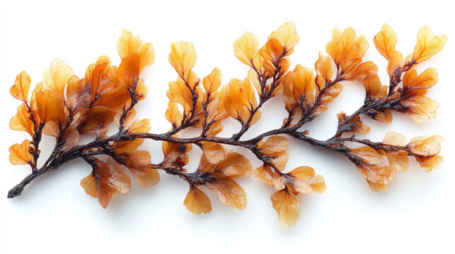A single branch of brown algae or seaweed isolated cleanly on a white background