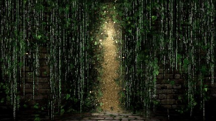 Obraz premium Enchanted Path Through Ancient Wall Foliage Tunnel Under Rain Creating Dreamlike Ambience Scenery.