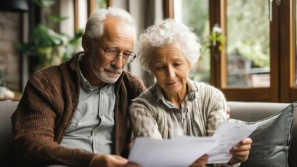Financial Serenity: An elder couple share a moment of togetherness, delicately examining important financial papers. Their calm faces speak volumes about their life experience.
