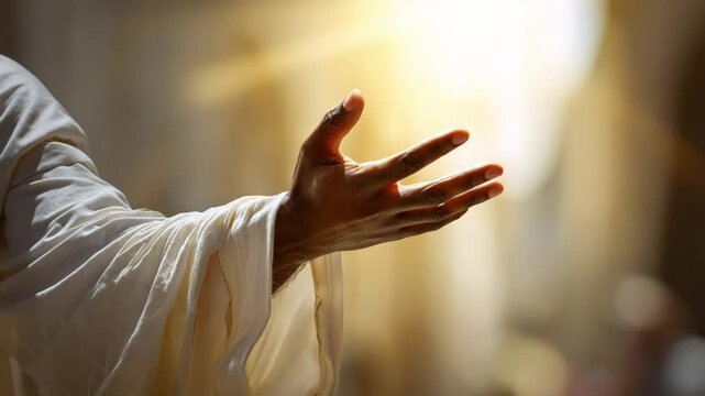 Divine Grace: A luminous, close-up image of an outstretched hand. The hand, clad in flowing, white garments, reaches toward a radiant, ethereal light, symbolizing an invitation, blessings.