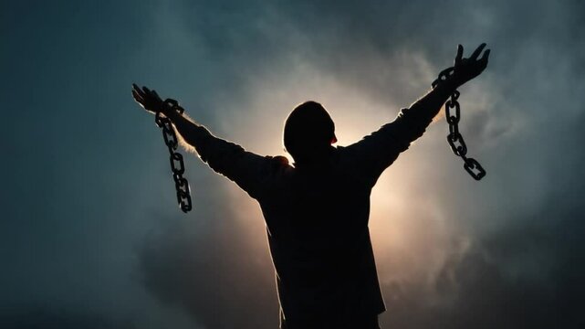 Breaking Free: A silhouette of a person against a dark and moody backdrop, with hands raised, chains broken and falling away, symbolizing freedom, liberation, and triumph over adversity.