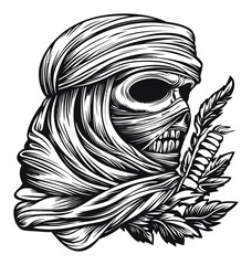 Intricate Engraving of a Shrouded Skull with Leaves Design