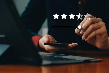 Customer rating and satisfaction survey concept, 5-star best sellers. Service experience rating online review, customer evaluation product service quality, feedback review, reputation ranking score