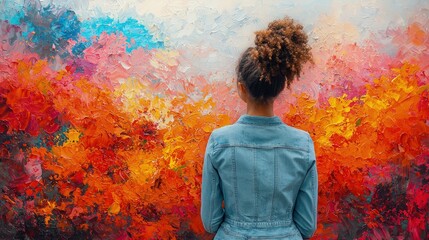 Obraz premium Woman stands facing colorful abstract painting in a gallery or museum setting.
